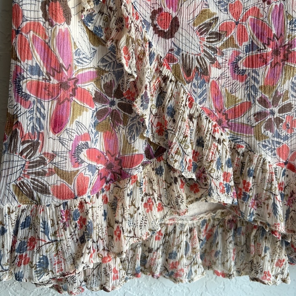 Free People Women 8 Mini Skirt Floral Wrap Pink Ruffle Trim Crinkle Lined Boho - Picture 2 of 7
